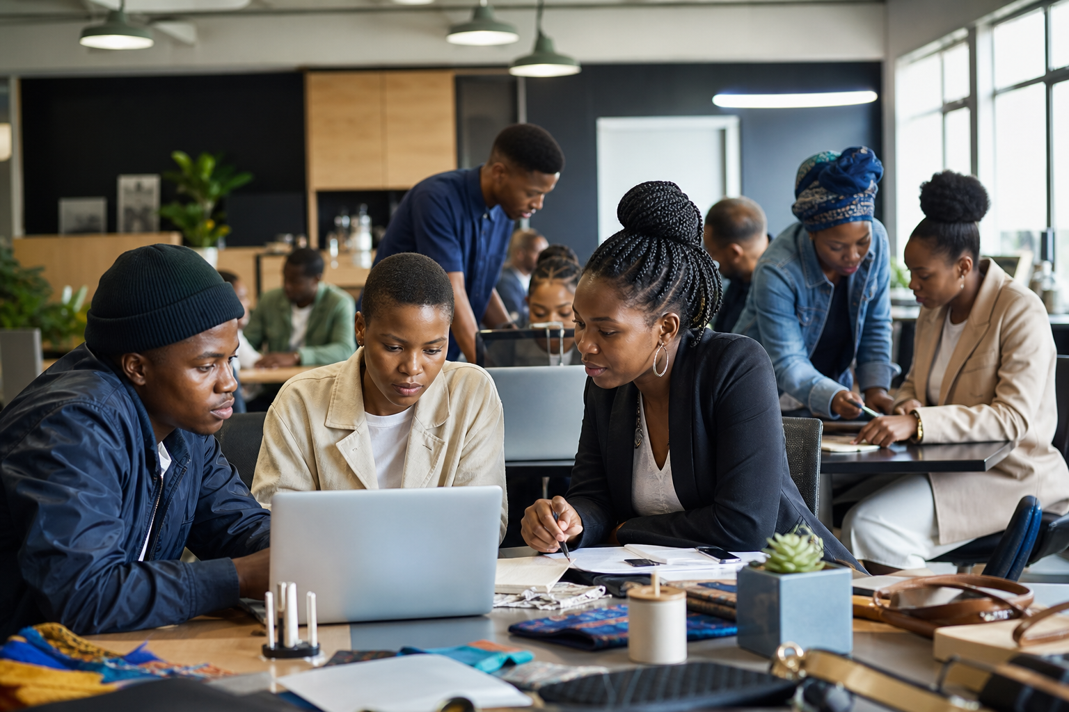 Young South African entrepreneurs and mentors working in a skills development hub